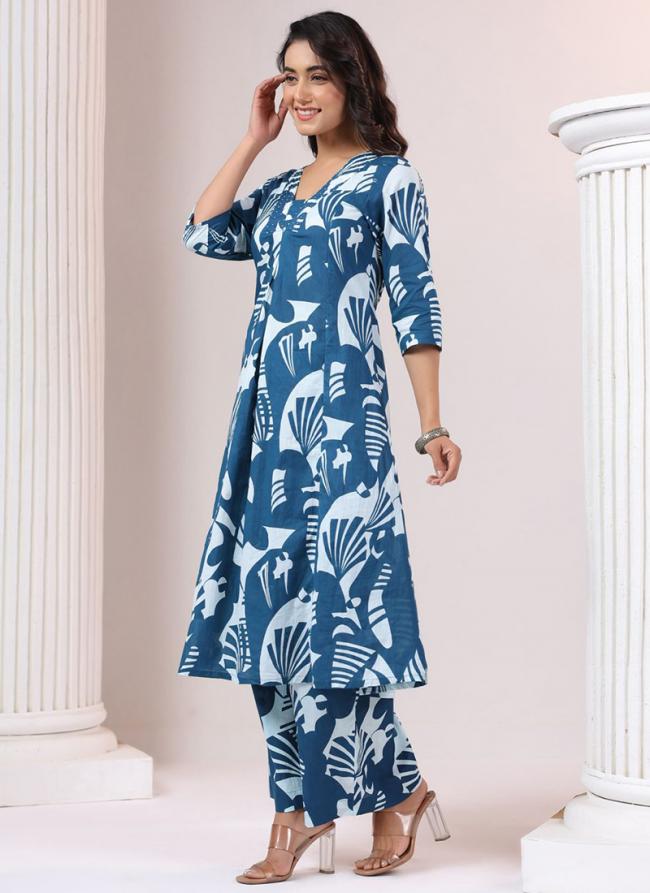 Cotton Blue Casual Wear Printed Readymade Cord Set